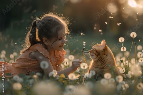 happy girl and her cat 