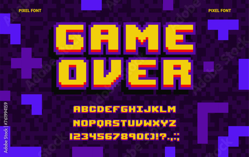 8-bit game pixel font, geometric type, abstract computer typeface, english alphabet. Retro game console font typeset, English ABC vector pixelated letters and digits or alphabet 8bit mosaic symbols