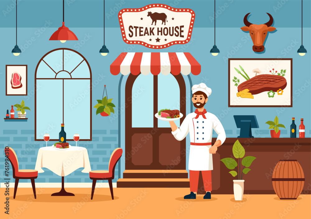 Naklejka premium Steakhouse Vector Illustration with Restaurant that Provides Grilled Meat with Juicy Delicious Steak, Salad and Tomatoes for Barbecue in Background