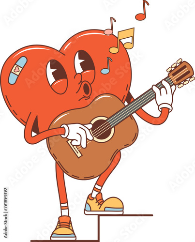 Cartoon retro groovy Valentine heart singer character with guitar, vector comic art. Happy heart in love singing serenade for Valentine holiday, 70s hippie or hipster groovy character of heart in love