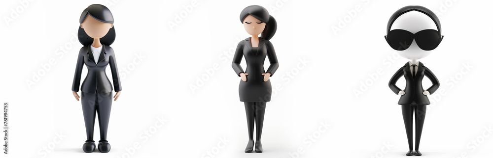 Collection of 3D cartoon businesswomen characters in professional attire with a minimalist white background, suitable for corporate concepts and design space for text Collection of 3D cartoon businesswomen characters in professional attire with a minimalist white background, suitable for corporate concepts and design space for text