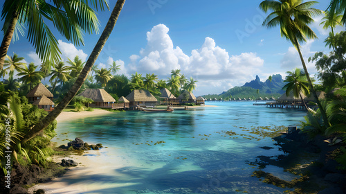 Idyllic Tahitian Scenery: Palms, Canoes, and Overwater Bungalows