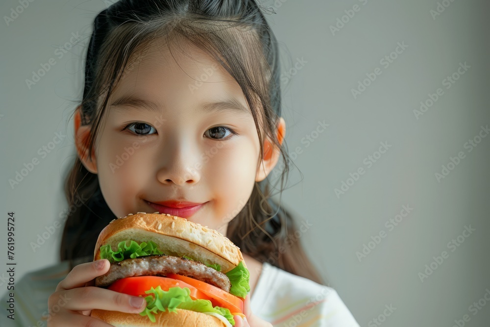 Smiling Young Girl Holding A Large Delicious Burger With Fresh Lettuce And Tomatoes - Healthy Eating Habits Concept Smiling Young Girl Holding A Large Delicious Burger With Fresh Lettuce And Tomatoes - Healthy Eating Habits Concept