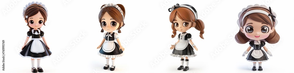 Set of four 3D-rendered cute maid characters in various poses isolated on a white background, perfect for cleaning service promotions or uniform branding with ample copy space Set of four 3D-rendered cute maid characters in various poses isolated on a white background, perfect for cleaning service promotions or uniform branding with ample copy space