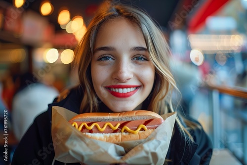 Smiling Young Woman Enjoying a Classic Hot Dog at a Cozy Diner, Casual Eating Experience with Warm Ambiance photo