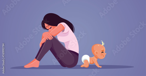 Sad Mom Suffering from Postnatal Depression. Ignores Baby Vector Illustration
Mother feeling overwhelmed and tired from postpartum anxiety 
