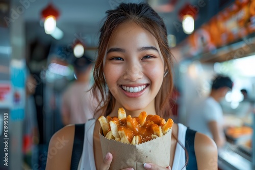 Smiling Young Woman Enjoying Delicious Street Food at a Bustling Outdoor Market - Portrait with Vivid Colors