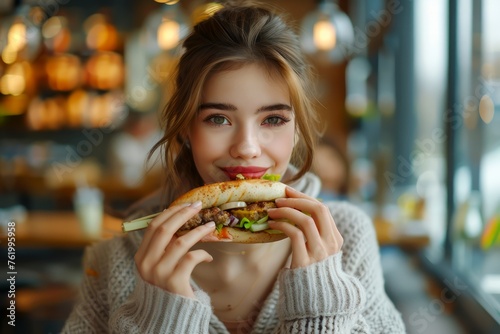 Smiling Young Woman Enjoying Fresh Delicious Burger in Cozy City Cafe with Warm Ambient Lighting