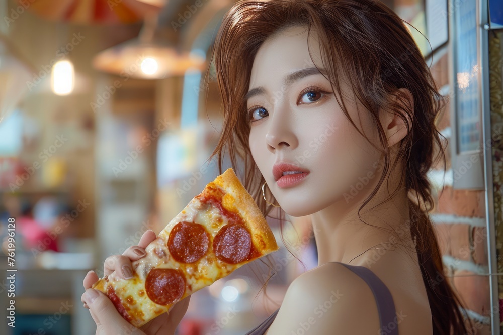 Young Asian Woman Enjoying a Slice of Pepperoni Pizza in a Cozy Restaurant Setting