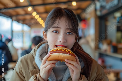 Young Asian Woman Enjoying a Delicious Hot Dog at a Cozy Diner  Casual Dining Experience  Indoor Eating Concept