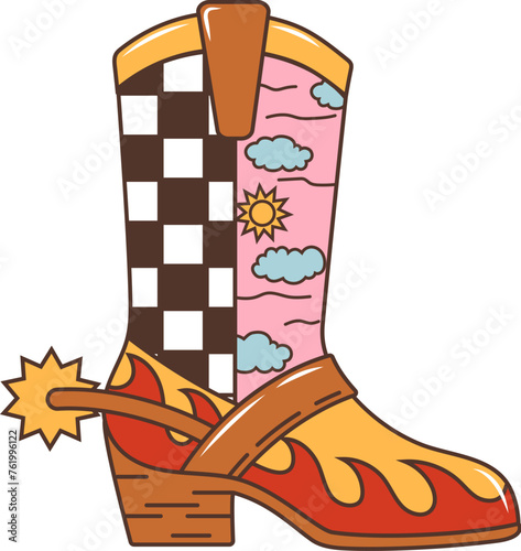 Cowboy boot Wild west western groovy item. Isolated vector footwear, feature high, angled heel, pointed toe, spur and ornate designs, embodying rugged durability and American ranch frontier spirit