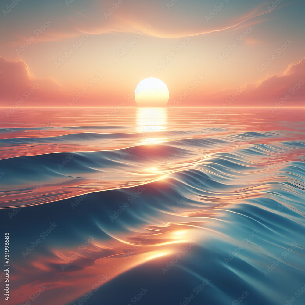 A serene sunset over a calm ocean, with soft pastel colors and gently rippling waves creating a tranquil atmosphere