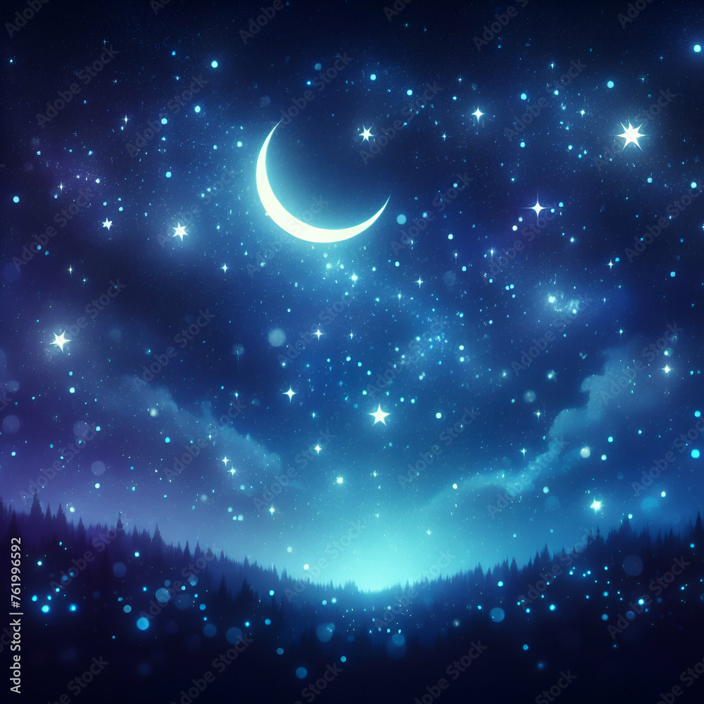 A starry night sky, with twinkling stars and a crescent moon shining amidst a backdrop of deep indigo hues