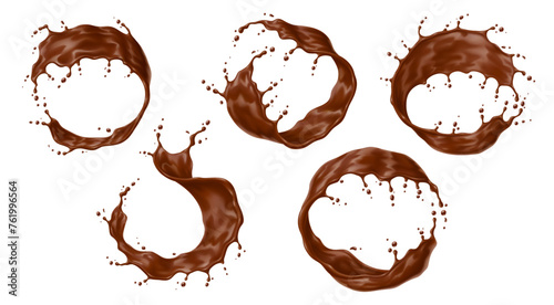 Realistic chocolate yogurt, cream or choco milk drink swirl with splash and wave flow, isolated vector. Cocoa drink or choco syrup flow and spill drops with milky chocolate wave and splashing swirls