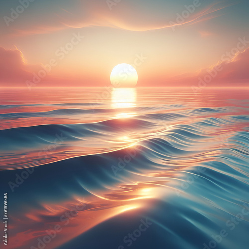 A serene sunset over a calm ocean  with soft pastel colors and gently rippling waves creating a tranquil atmosphere