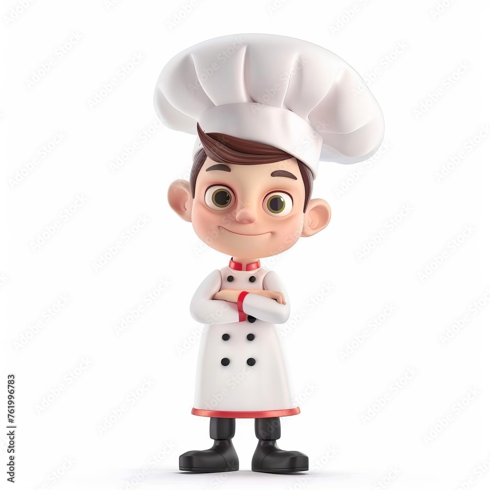 3D cartoon character of a cheerful young chef with folded arms, dressed in a traditional white uniform and chef's hat, isolated on a white background with space for text 3D cartoon character of a cheerful young chef with folded arms, dressed in a traditional white uniform and chef's hat, isolated on a white background with space for text