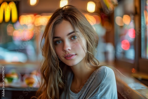 Young Woman Portrait in a Cozy Cafe with Soft Lighting and Blurred Background, Casual Style, Relaxed Atmosphere, Urban Lifestyle Imagery © pisan