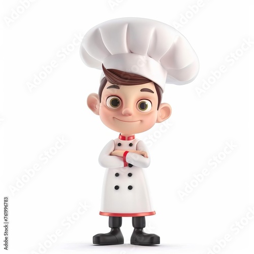 3D cartoon character of a cheerful young chef with folded arms  dressed in a traditional white uniform and chef s hat  isolated on a white background with space for text