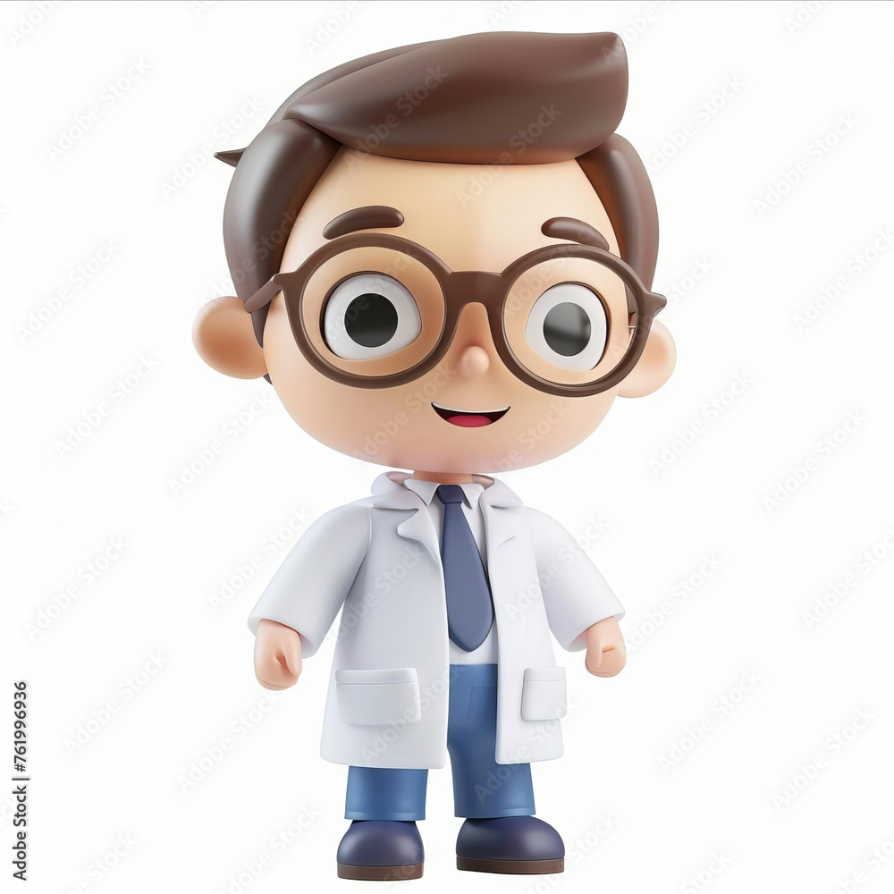 3D cartoon character of a young male doctor with glasses and white coat isolated on white background, ideal for medical and healthcare-related designs with space for text