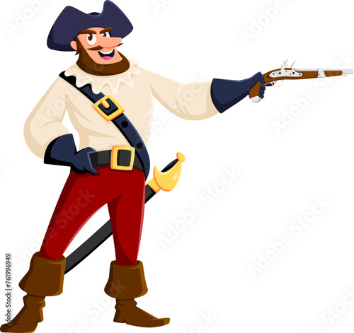 Cartoon pirate captain character with gun. Isolated vector fearsome sea rover personage with tricorn hat, beard, gloves and boots, clutching a flintlock pistol, ready for adventure and dangerous duel
