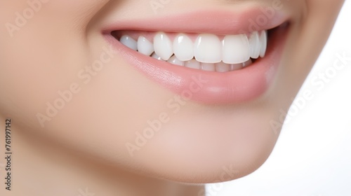 close up of smiling face of young woman with clean white teeth