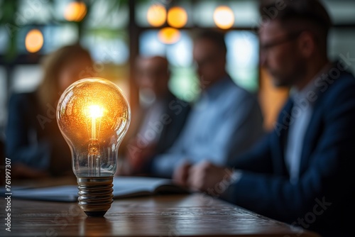 Illuminated Light Bulb in Focus Group Discussion, Innovation and Ideas, Concept of Creativity, Strategy, and Business Brainstorming