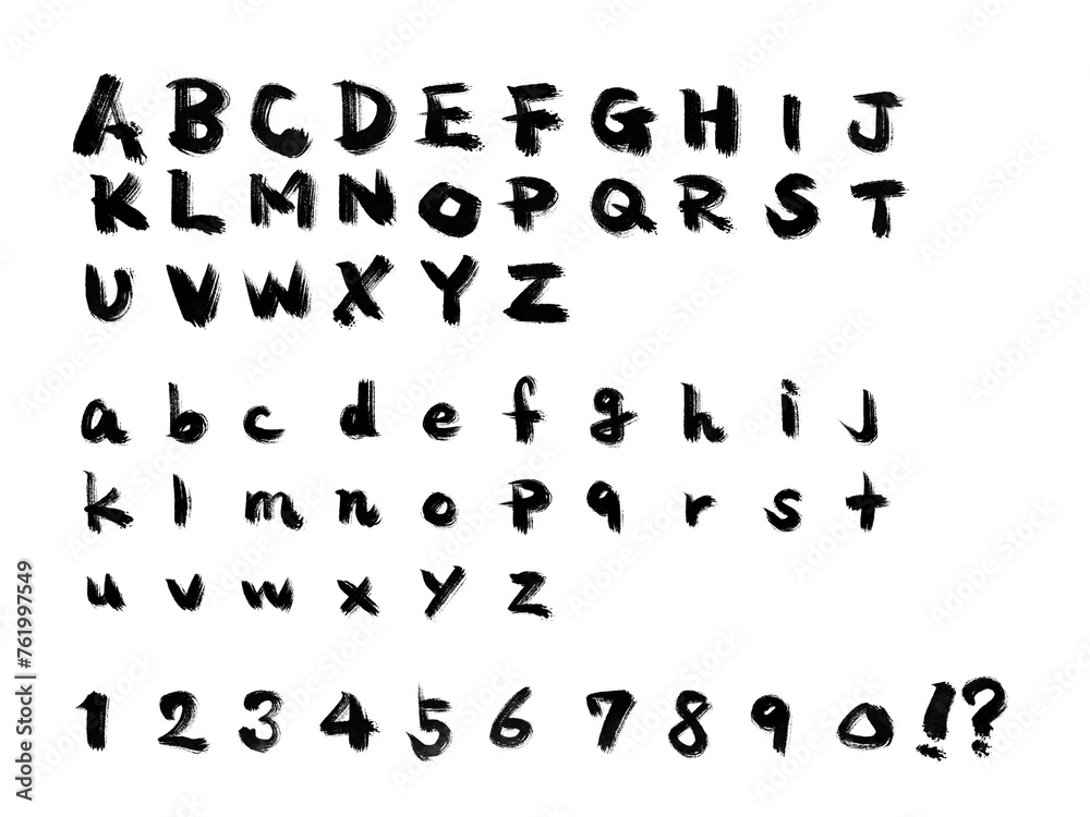 Alphabets and numbers font written in rough wild brush. Alphabets and numbers font written in rough wild brush.