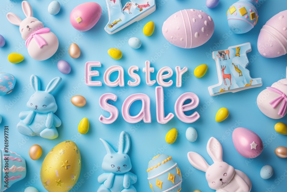 3D text Easter Sale surrounded by decorated eggs on a light blue background.