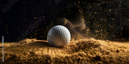 White golf balls explode with golden sand on a neon light background.
