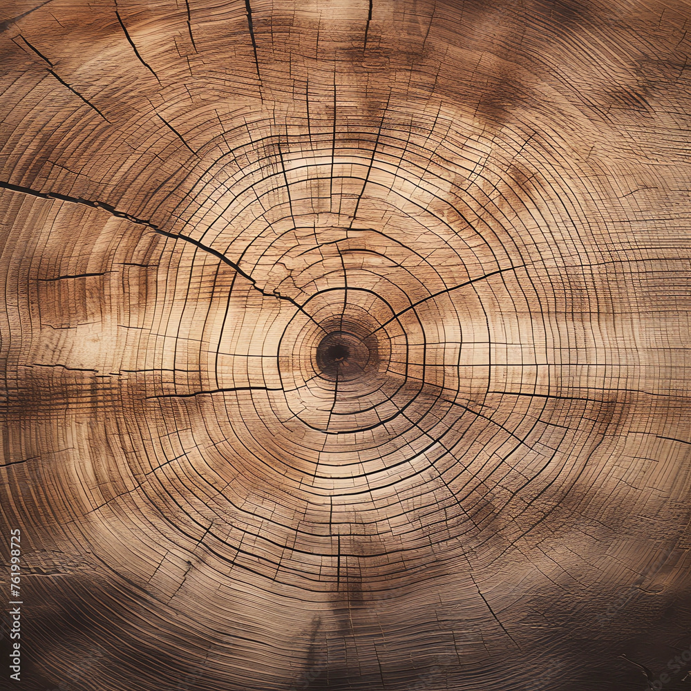 A closeup of the cross section of an old, weathered tree trunk with visible rings and texture