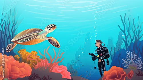 a diver encounters a turtle on a beautiful coral reef photo