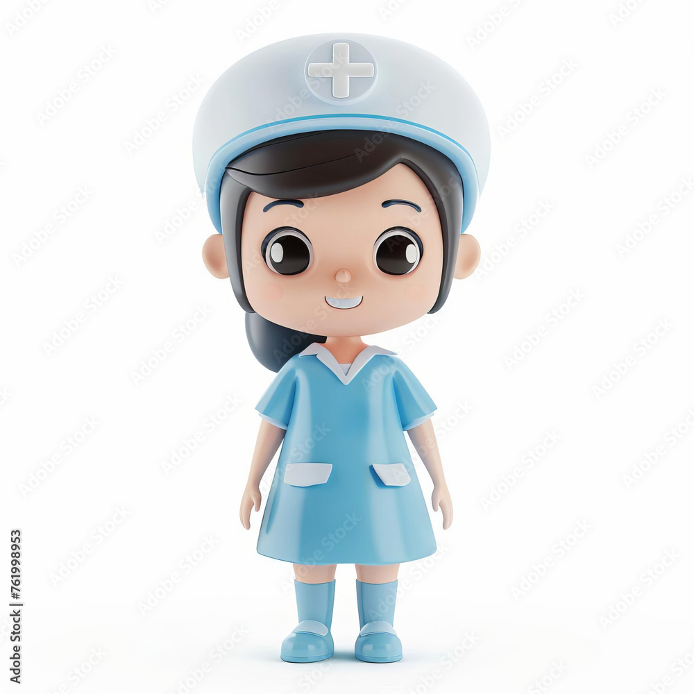3D illustration of an adorable animated female nurse character in a blue uniform, ideal for healthcare-related designs with ample space for text on a white background 3D illustration of an adorable animated female nurse character in a blue uniform, ideal for healthcare-related designs with ample space for text on a white background