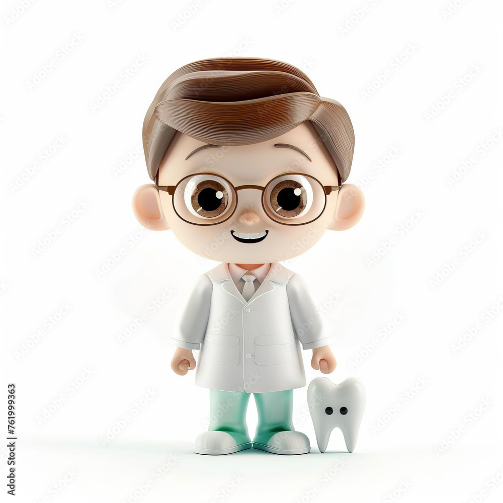 3D illustration of a cartoon character, a young male dentist with a tooth model, isolated on a white background with space for text  suitable for dental health concepts