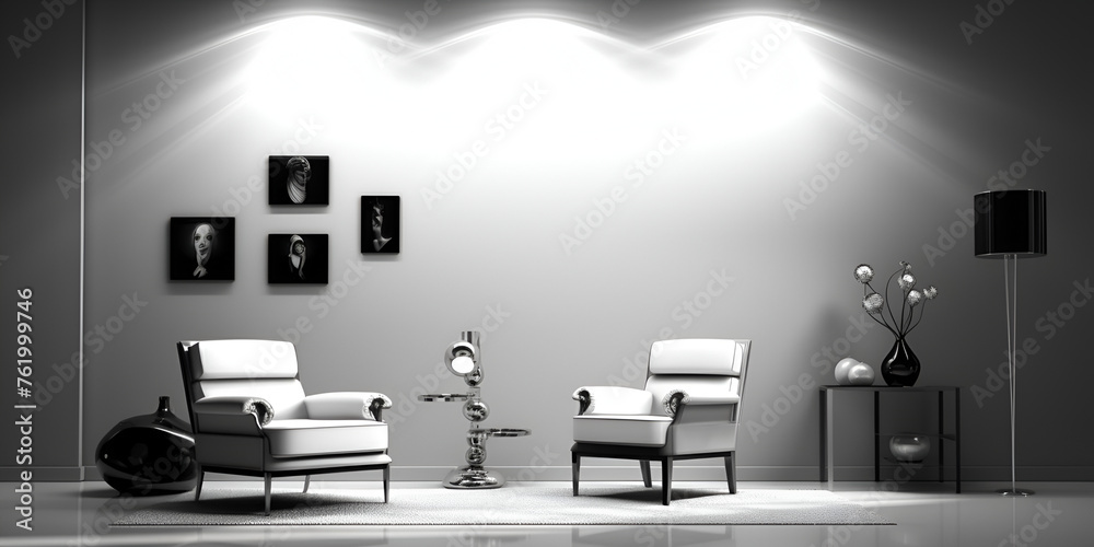 modern interior with chairs sophistication behind framed pictures white background