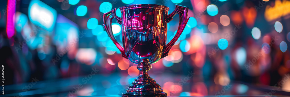 A photo of a dazzling esports award cup emitting light as it sits on top of a table. The trophy appears reflective and polished, creating a striking visual contrast against the table surface