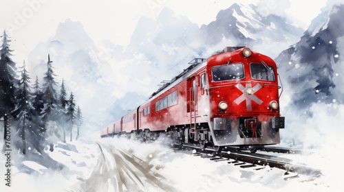 Red Train Moving Through Snowy Forest