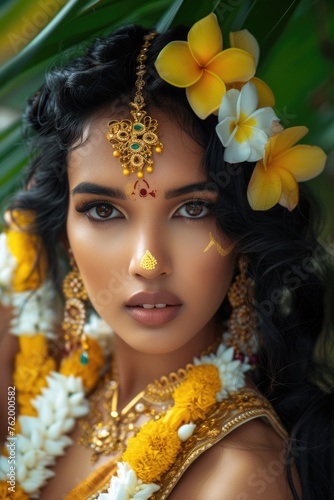 Female Goddess with yellow and gold adornments. Fictional character created by Generated AI. 