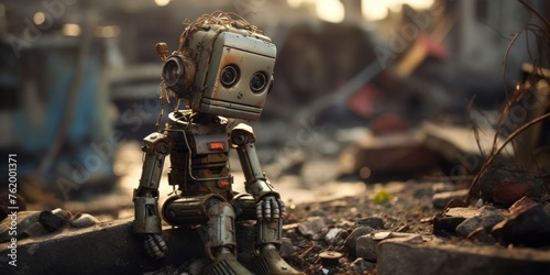 sad broken cute little robot on junk yard #762001371