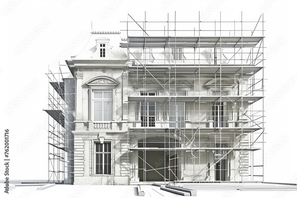 3D Render of museum renovation project, with historic building façade, scaffolding, and restoration work, on isolated white background, Generative AI