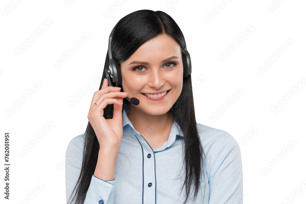 A smiling woman wearing a headset against a white background, customer service concept A smiling woman wearing a headset against a white background, customer service concept