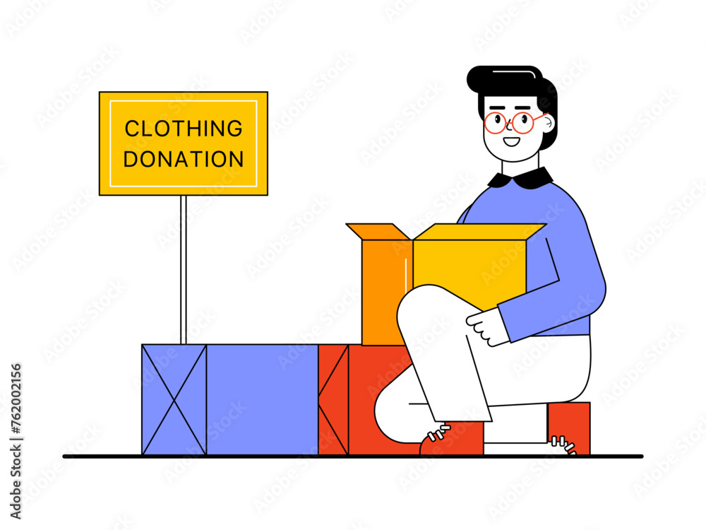 Man open donation box. Unboxing vector illustration.