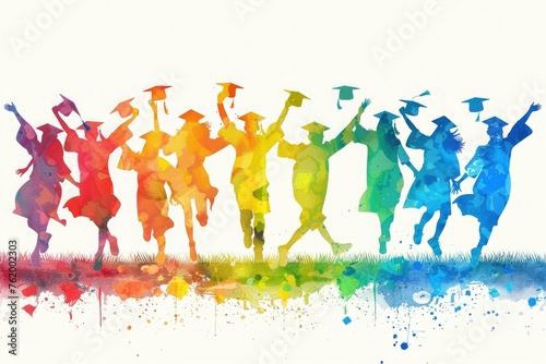 Colored silhouettes of happy students wearing graduation caps. Graduation, student day. High school graduation. Symbolizing diversity in education success. Watercolor illustration on white background