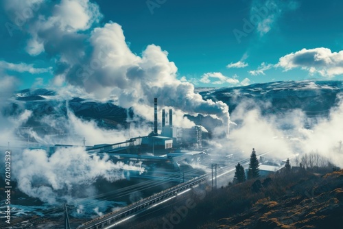 Geothermal power plant amidst steam vents and rugged landscape.