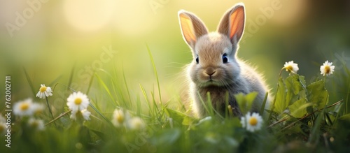 Curious Rabbit Enjoying a Peaceful Moment in Lush Green Grass Under Sunny Skies © Ilgun