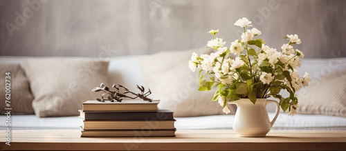 Tranquil Bedroom Oasis: Elegant Bed with White Pillow and Refreshing Flower Vase Decor