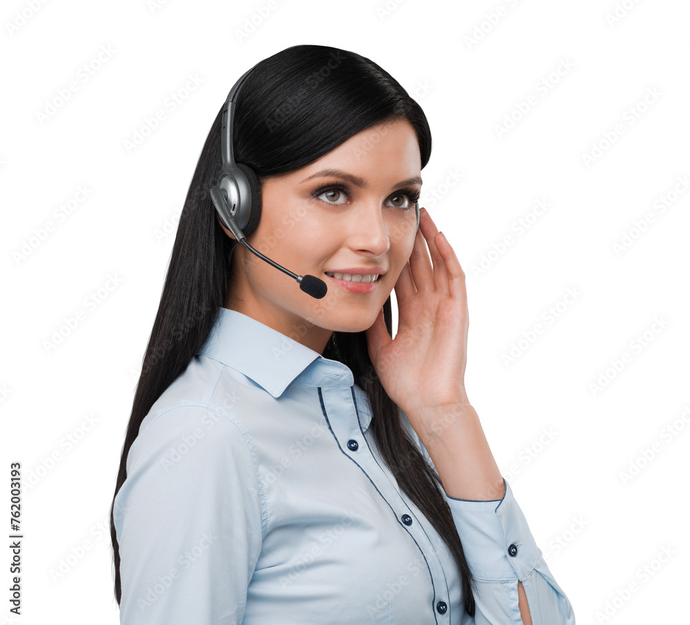 Professional woman with a headset, wearing a blue shirt on a white background. Customer service and communication concept Professional woman with a headset, wearing a blue shirt on a white background. Customer service and communication concept