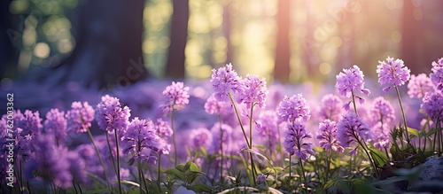 Purple flowers blooming among green grass under sunlight