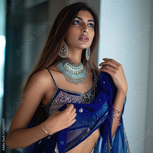 Elegant Indian Woman in Blue and White Sarafan. Fictional character created by Generated AI.  photo