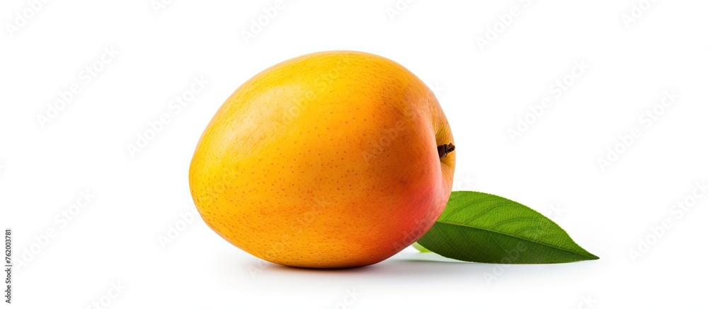 A mango with a leaf on a white background A mango with a leaf on a white background