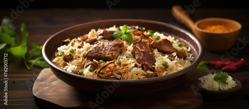 Delicious Bowl of Rice with Colorful Fresh Meat and Vegetables, Asian Cuisine Meal Concept